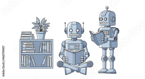 Two robots sit reading books in a room with bookshelves and plants.