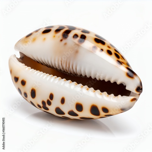 Polished cowrie seashell showcasing smooth surface and brown spots isolated on white background