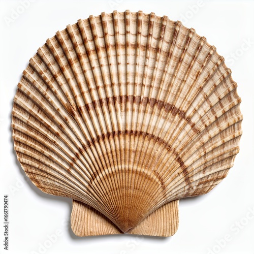 Detailed scallop shell showcasing natural patterns and ridges, isolated on white background