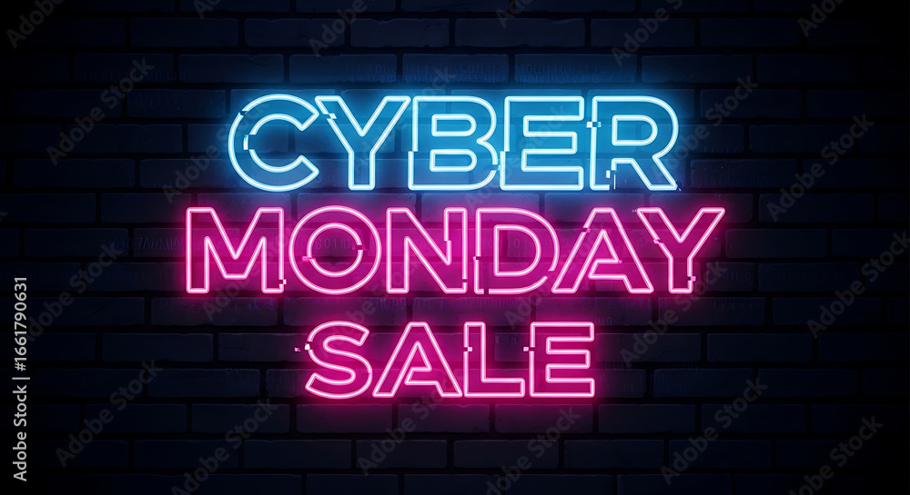 Obraz premium Cyber Monday Sale Neon Sign on Brick Wall for Online Shopping Promotion and Holiday Season Marketing and Advertising