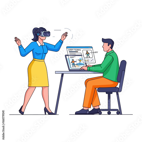 Virtual Reality Training Session: An illustration showcases a person immersed in a virtual reality experience, with another person interacting and providing guidance during a training session