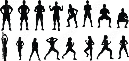 Silhouette vector set of men and women performing fitness exercises, workouts, warm-ups, and training poses for health illustrations