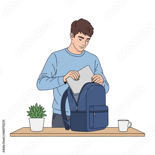 Preparing for the Day: A young man in casual wear organizes his backpack with a laptop, symbolizing the start of a work day. the scene radiates productivity and preparation.