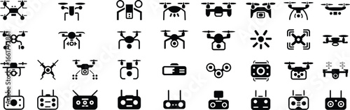 Drone icons, quadcopter symbols, aerial photography equipment, remote control gadgets, flying technology, UAV design, aviation elements, innovation signs, flat vector illustration