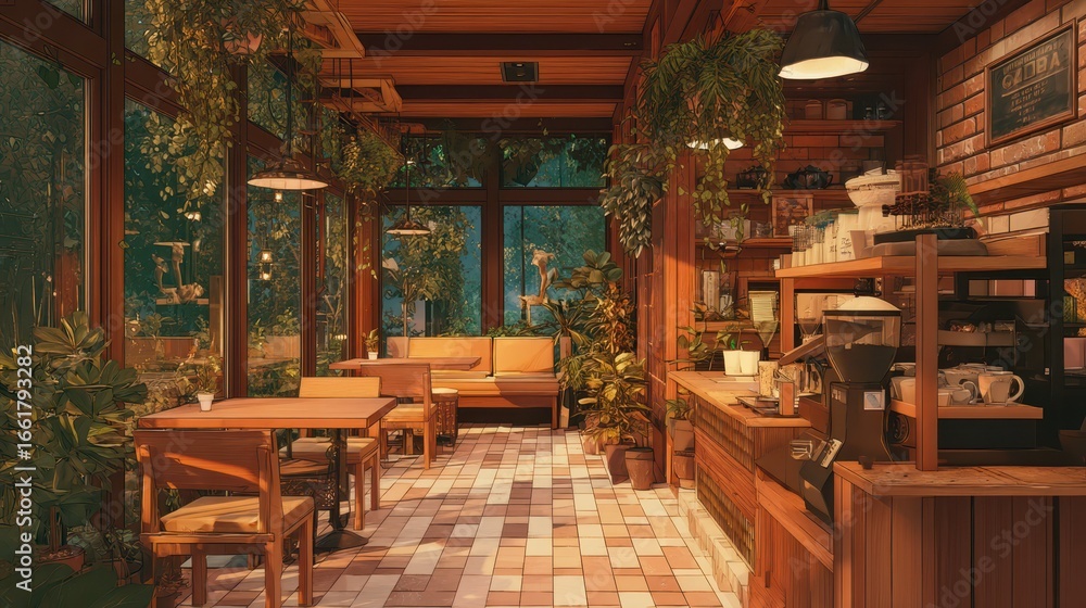 Fototapeta premium Cozy Coffee Shop Interior with Warm Wooden Tones and Greenery
