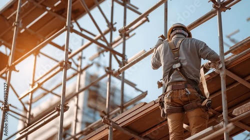 Construction worker wearing safety gear climbs scaffolding at a building site, symbolizing labor, industry, and urban development.