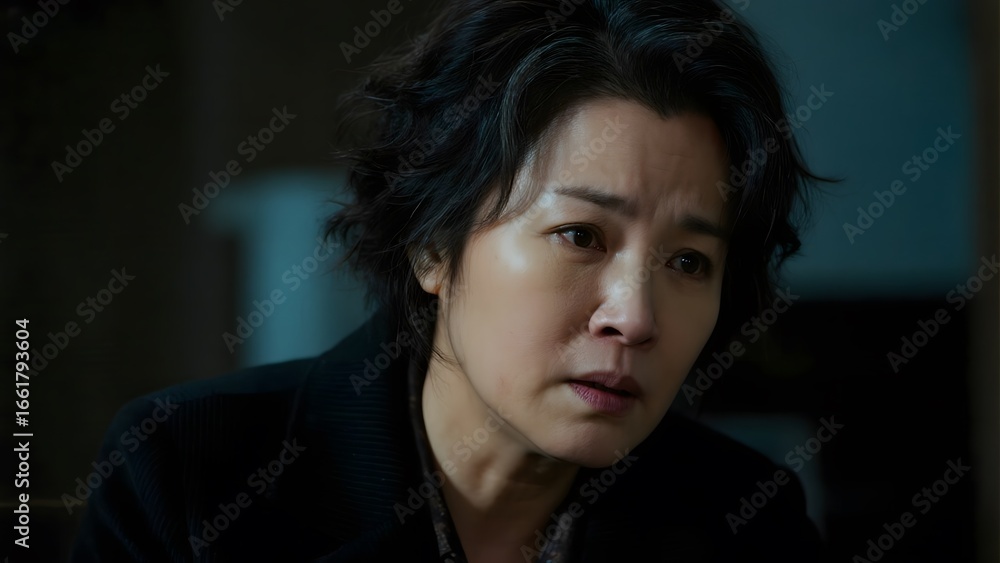 A person with short hair, wearing a dark jacket, appears contemplative in a dimly lit indoor setting. A person with short hair, wearing a dark jacket, appears contemplative in a dimly lit indoor setting.