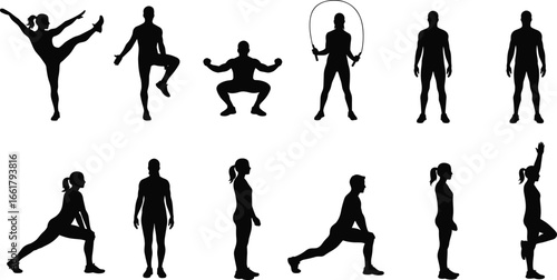 Silhouettes of Men and Women Doing Fitness, Workout and Exercise Poses, Gym Training, Body Movement, Health, Vector Set Collection