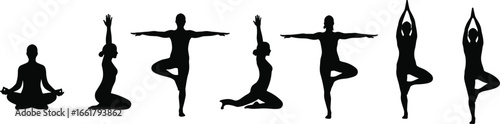 Yoga silhouette poses, meditation and exercise, healthy lifestyle illustration, fitness balance posture, spiritual wellness design, human body outline, workout vector
