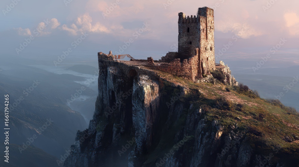 Fototapeta premium Crumbling Fortress at the Edge of a Cliff Overlooking a Landscape