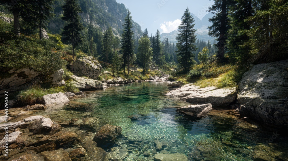 Fototapeta premium Crystal Clear Alpine Stream Surrounded by Majestic Pine Trees