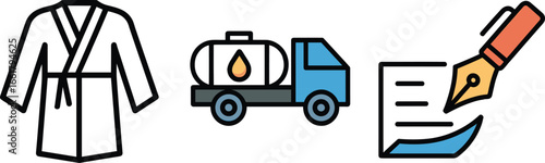 Flat vector illustration of bathrobe clothing, oil tanker truck transport, fountain pen writing document, business contract, logistics, lifestyle, fashion, stationery