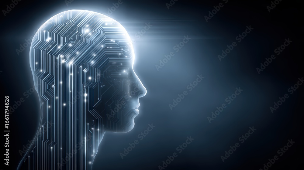 Obraz premium Conceptual design shows digital circuits within human head, suggesting AI, technology, intelligence, future, innovation. Futuristic circuit brain concept represents smart thinking, artificial