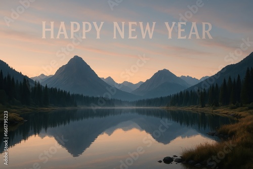 Misty mountain lake sunrise with happy new year message for inspiring peaceful dawn landscape art