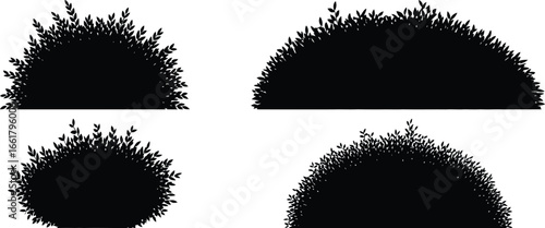 Four black silhouette shapes of dense foliage and bushes on white background
