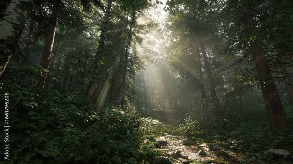 Fototapeta premium Deep Forest with Rays of Light Beaming Through Trees