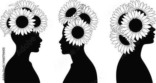 Three silhouetted heads adorned with blooming sunflowers in profile