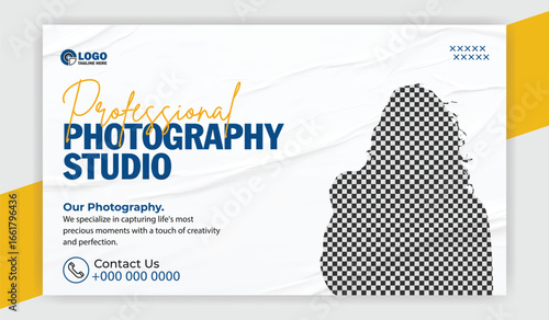 Photography studio promotion with smiling woman holding camera on white background