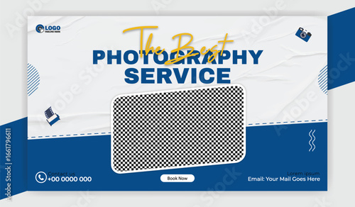 Photography Service Advertisement Featuring Camera Laptop and Coffee on a Wooden Table