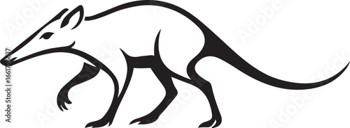 Aardvark walking stylized black and white drawing, African aardvark animal silhouette art