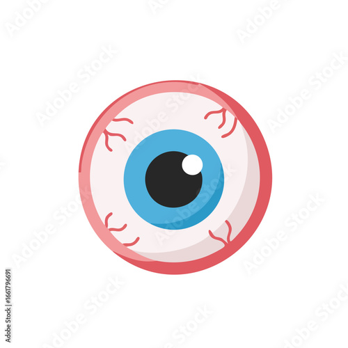 Cartoon style illustration of a bloodshot human eyeball with a blue iris and black pupil.