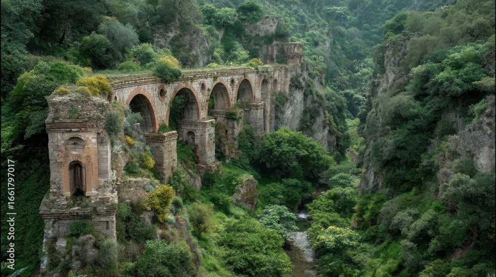 Obraz premium Deteriorated Roman Aqueduct Over Green Valley with Lush Vegetation