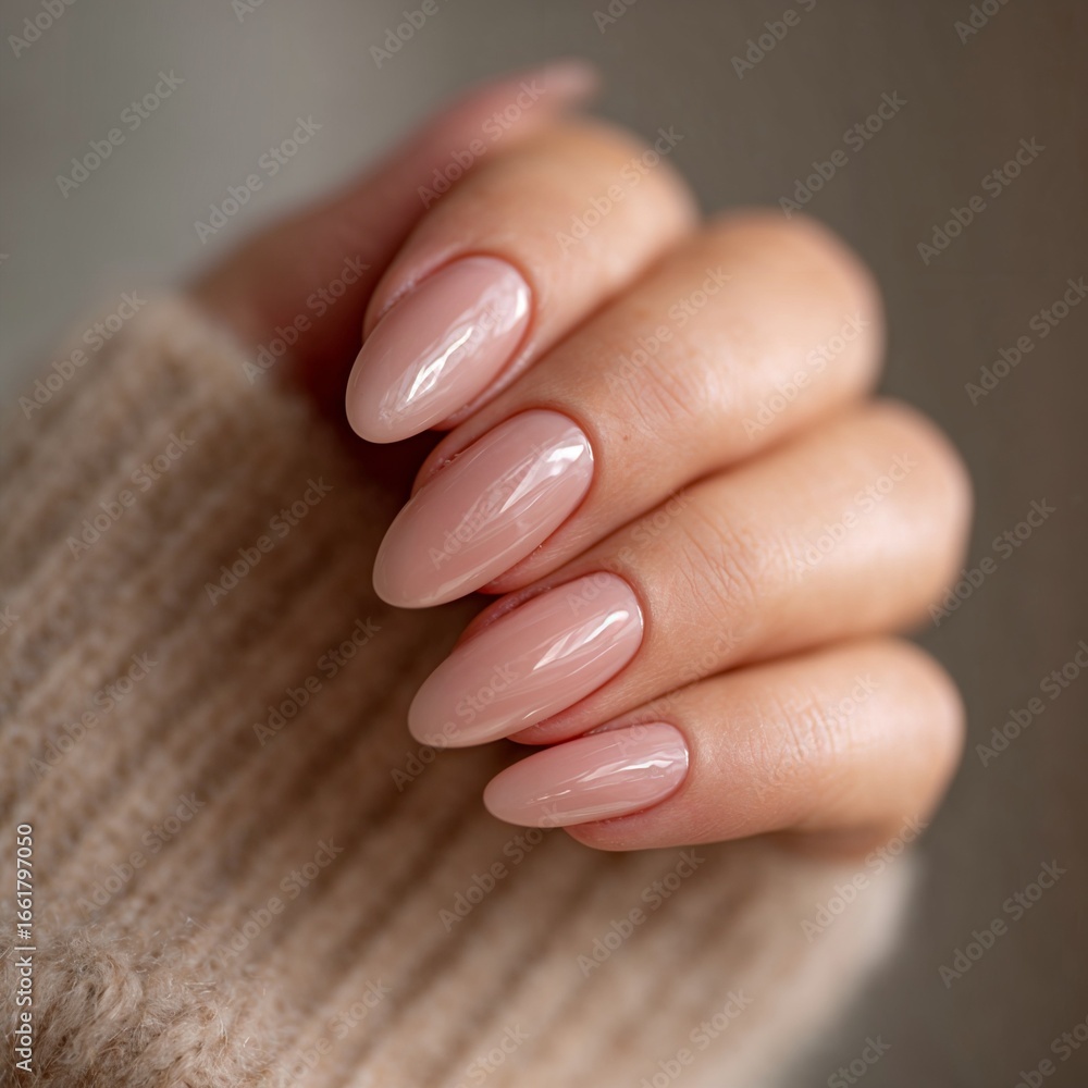 Fototapeta premium Hand with glossy nude manicure in warm sweater