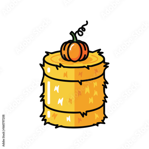 A stack of round hay bales topped with a small orange pumpkin and a curly stem.