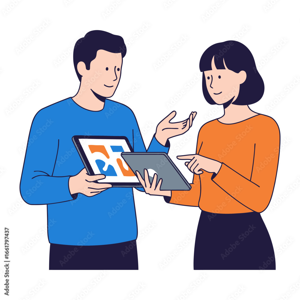 Fototapeta premium Digital Dialogue: In a modern illustration, a man and a woman engage in a collaborative exchange, sharing ideas and insights over a tablet, a visual representation of the innovative collaboration.