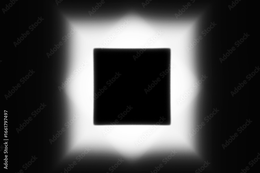 Halftone geometric gradient frame made of squares and monochrome lines on white background. Abstract banner template for computer screensaver, advertising, sales, discounts, and presentations.