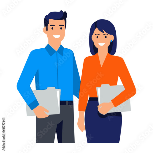 Professional Colleagues: A male and female, possibly partners, holding files, in a professional style, showcasing a collaborative atmosphere.