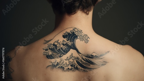 Close-up of a detailed wave tattoo on a woman's back.