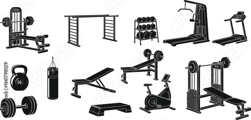 Vector gym equipment icons collection, fitness machines and workout gear illustration, perfect for personal training, health club, home gym design