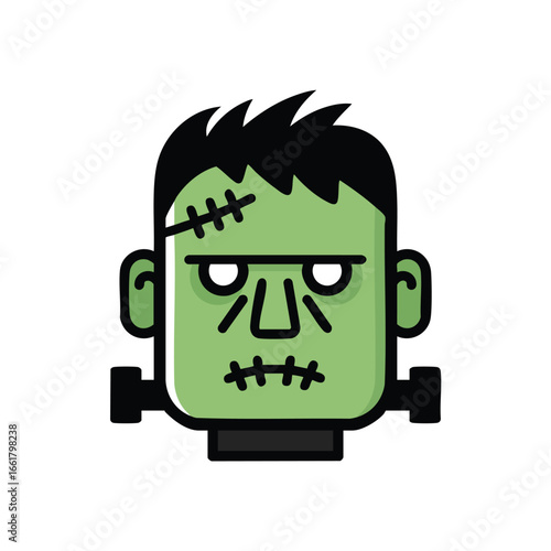 Cartoon illustration of Frankenstein's monster head with green skin, black hair, stitches, and neck bolts.