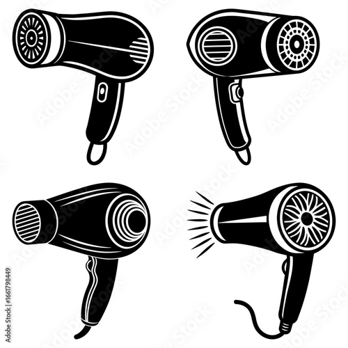 Collection of four black and white hair dryers in various styles and orientations on a white background
