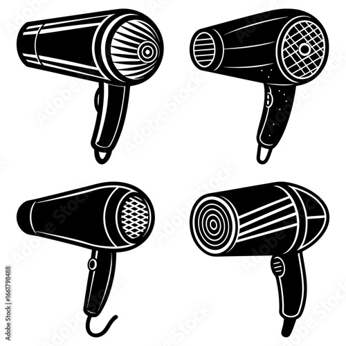 Illustration of four different hair dryers in black and white with varying vent designs and handles