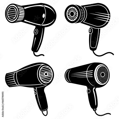 Collection of four black and white hair dryer illustrations in various styles and orientations seen from side