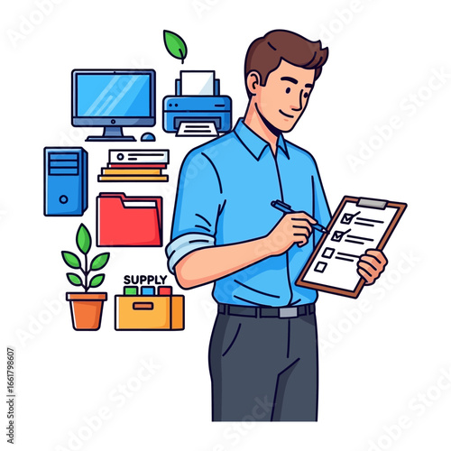 Office Routine Illustration: A dedicated professional meticulously reviews a checklist in a modern office environment, surrounded by essential office equipment and supplies.