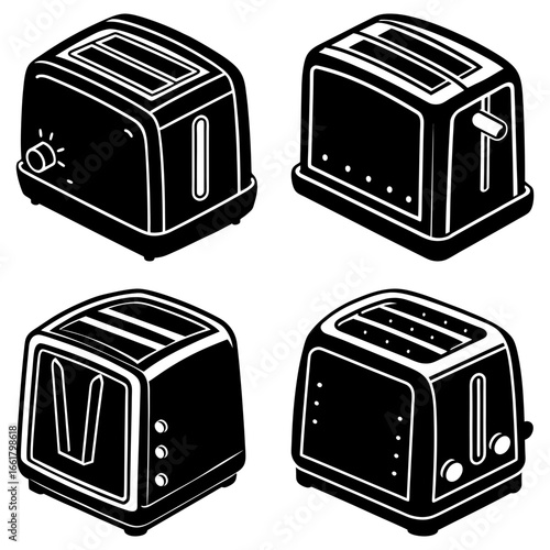 Four isometric black and white toasters with different designs and features displayed in a grid layout