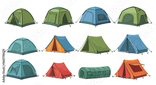 Illustration of twelve assorted tents in various shapes and colors arranged in a rectangular formation