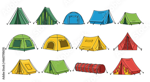 A collection of various camping tents in different styles and colors arranged in a grid pattern