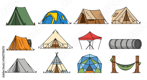 Illustration showing a variety of tent types and a hammock perfect for outdoor adventures and camping