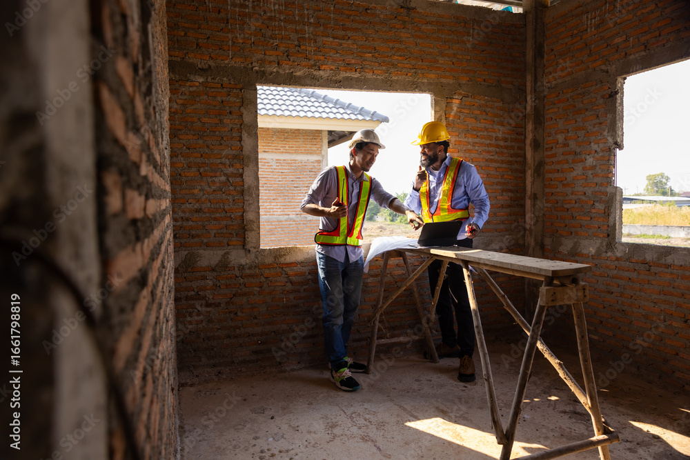 Fototapeta premium Working Engineering construction : African American construction worker Architects and japanese contractor working together at building under construction site. Engineering in safety harthat helmet
