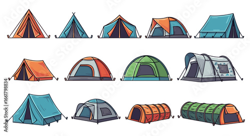 Collection of twelve cartoon style camping tents in various shapes and colors on a white background