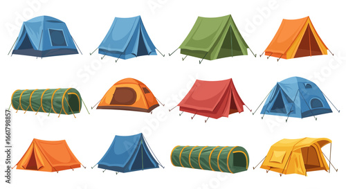 Illustration of various camping tents and a tunnel in different colors and styles on a white background
