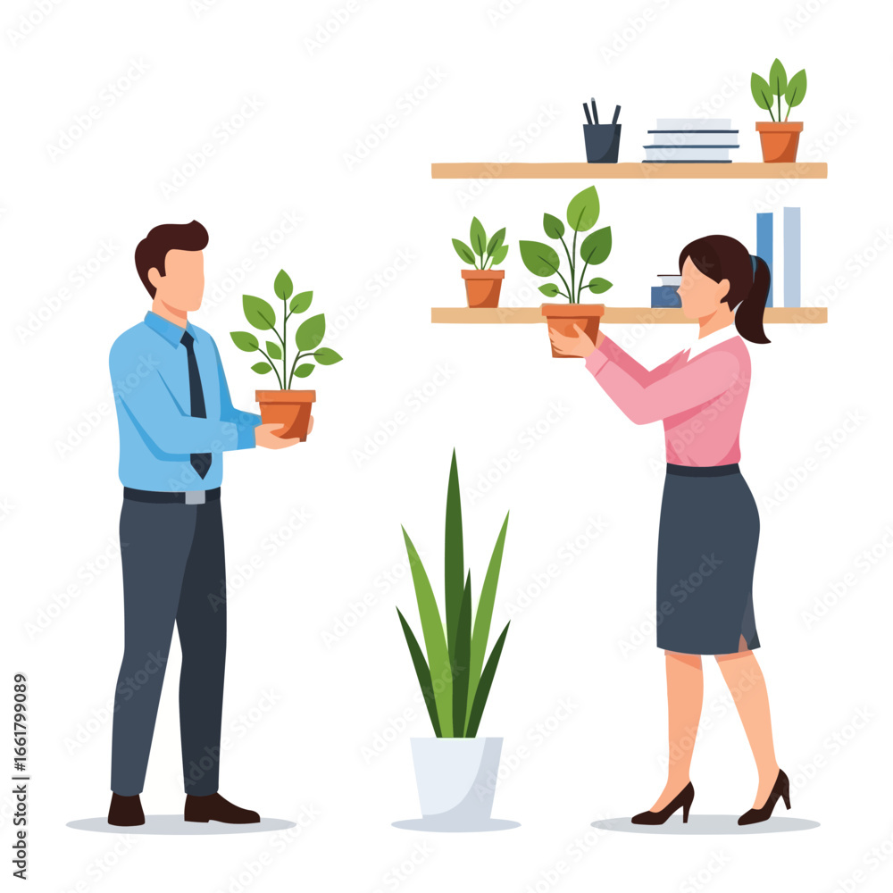 Office greenery: Two colleagues, thoughtfully placing potted plants, infusing the office with life and a breath of fresh air, and promoting wellness. Office greenery: Two colleagues, thoughtfully placing potted plants, infusing the office with life and a breath of fresh air, and promoting wellness.
