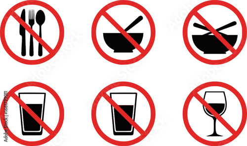 classic simple various no food eating or drinks drinking alcohol allowed prohibited in red circle signs set vector on transparent background
