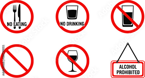 classic simple various no food eating or drinks drinking alcohol allowed prohibited in red circle signs set vector on transparent background
