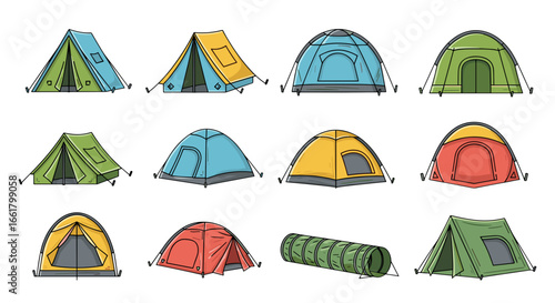 Illustration showing a collection of camping tents in various shapes and colors with a tunnel tent too