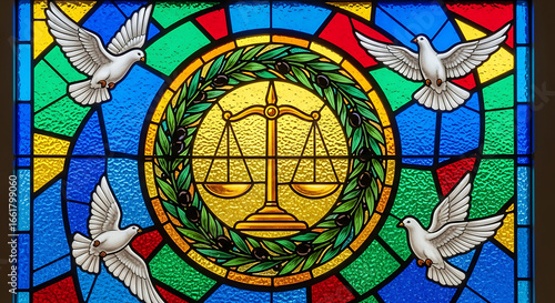 Vibrant Stained Glass Window Depicting Justice Scales and Doves Symbolizing Peace and Equality for Legal Concepts